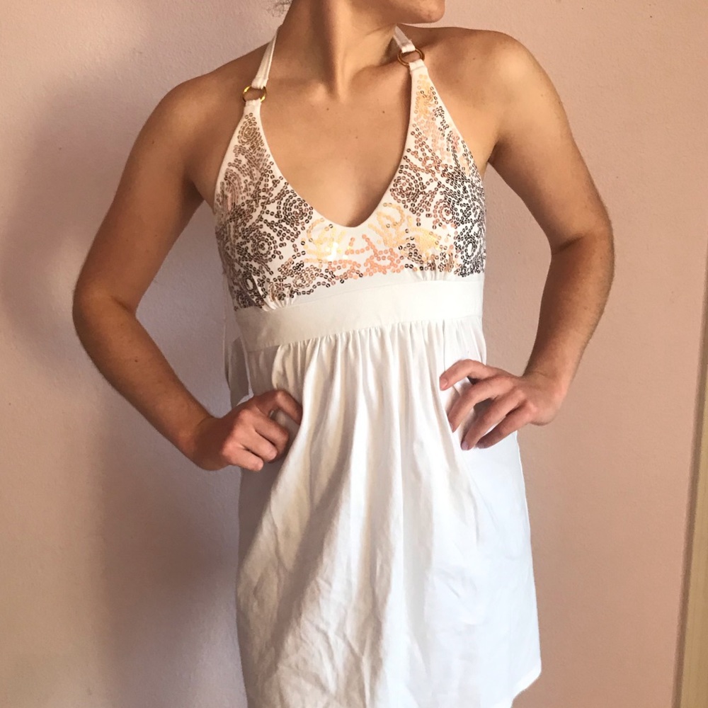 White gold sequenced halter backless dress